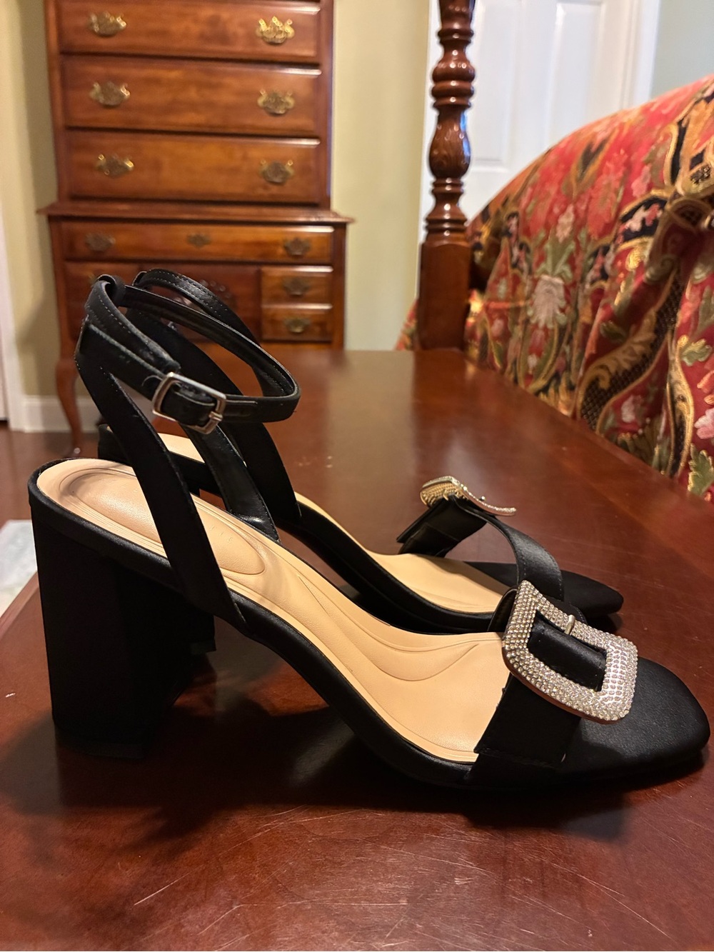 Women’s Black Ankle-Strap Block Heel Sandals with Decorative Buckle